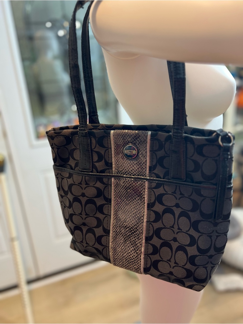 SEE PICTURES FOR CONDITION Coach Black Signature Tote with Brown Snakeskin